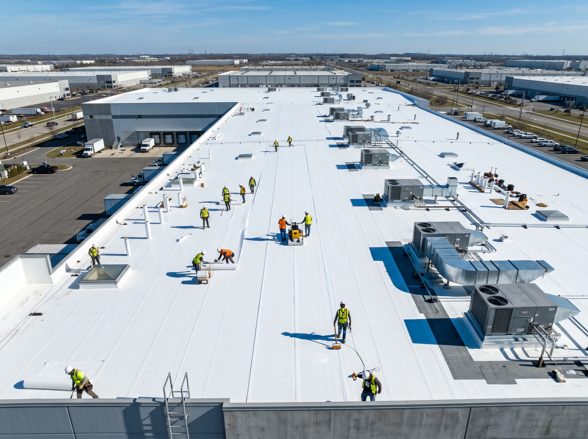 Commercial flat roof TPO installation crew