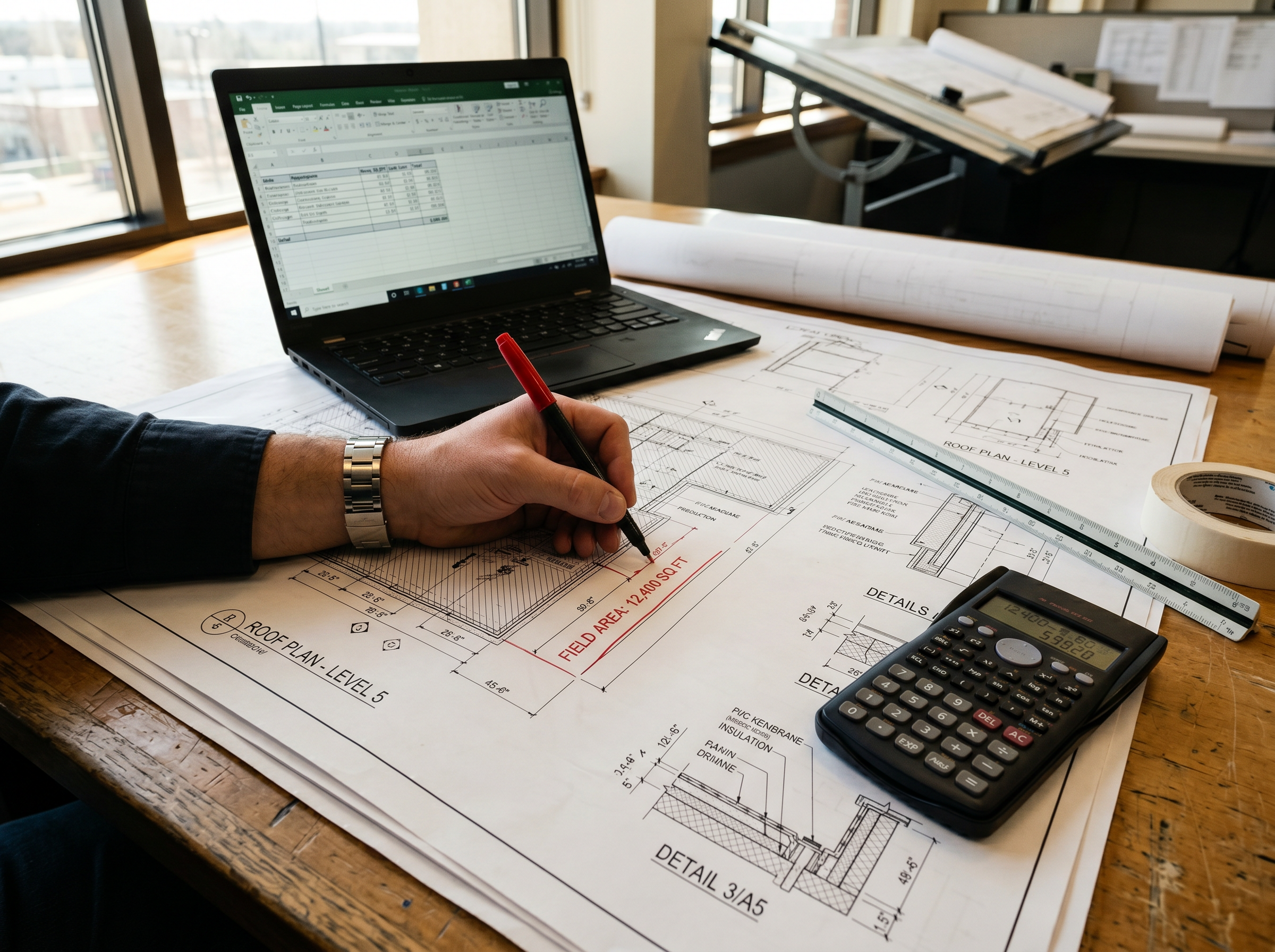 Commercial roofing estimator reviewing blueprints