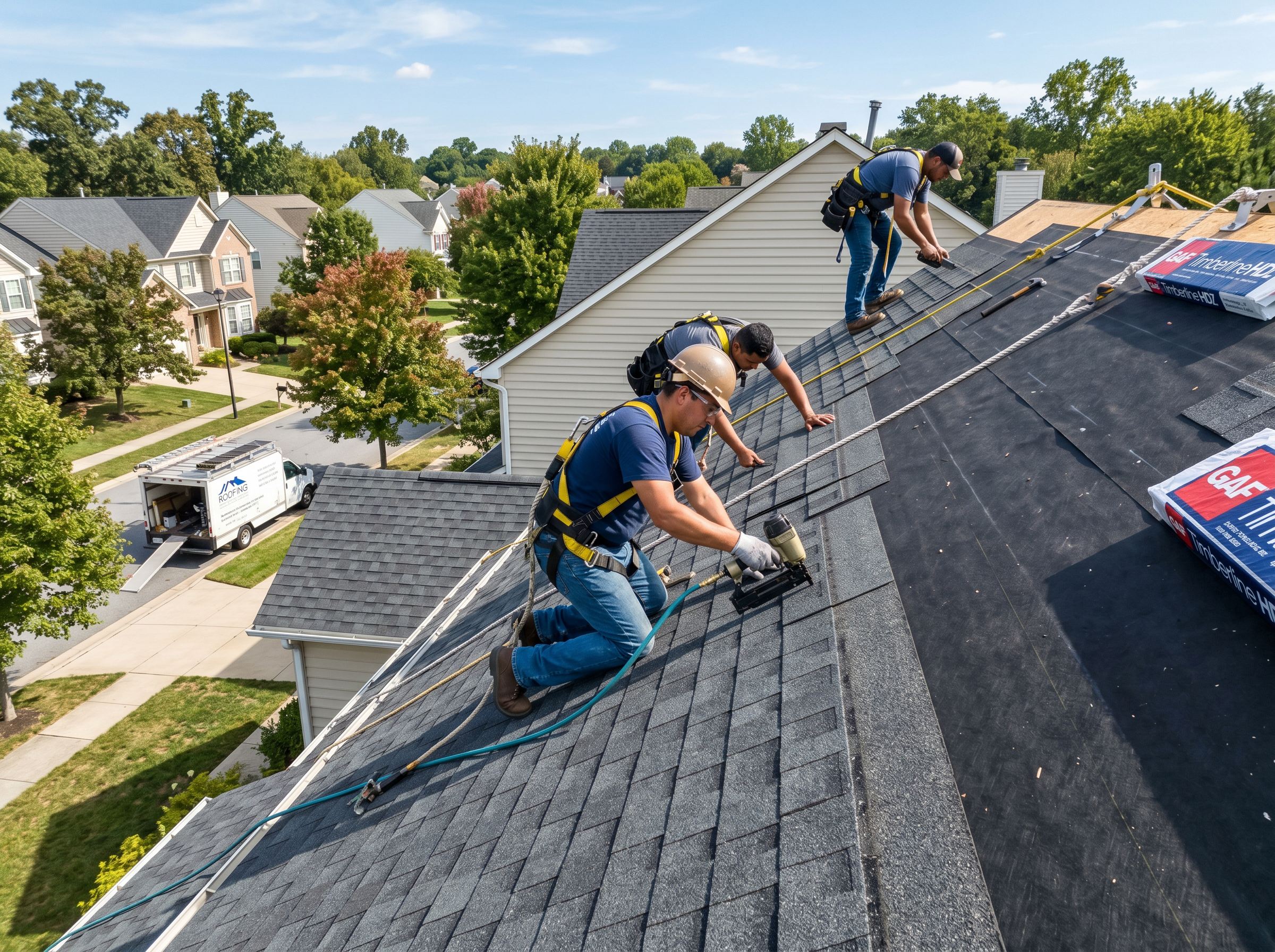 Residential roofing crew installing architectural shingles